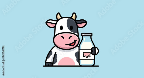 Cute cartoon cow with milk bottle.
