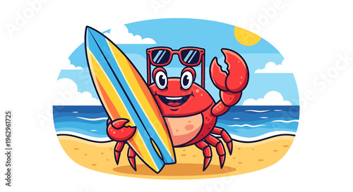 cartoon crab with surfboard on beach.
