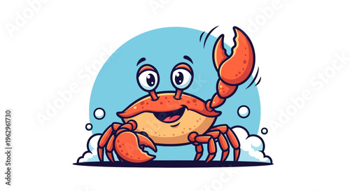 Cartoon crab character with cheerful expression.