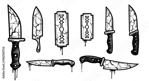 Urban Graffiti Razor Blades and Sharp Objects Vector Illustration Sheet in Black Ink Grunge Punk Street Art Style