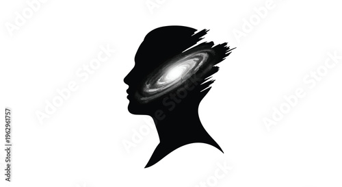 Silhouette profile of a human head contains a bright spiral galaxy replacing the brain area, suggesting deep thought or cosmic mind.