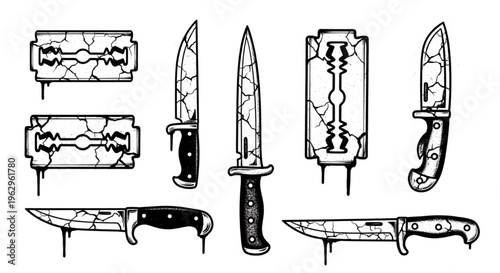 Urban Graffiti Razor Blades and Sharp Objects Vector Illustration Sheet in Black Ink Grunge Punk Street Art Style
