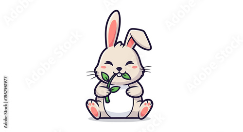 Cute cartoon bunny eating green leaves happily.
