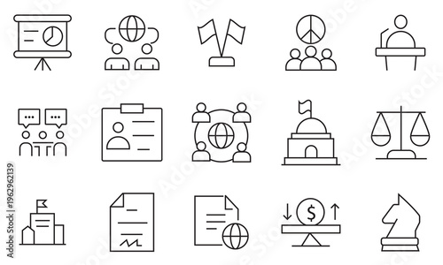 Diplomacy web icons.  Containing Negotiation, embassy, diplomat,  International relations, ambassador meeting, consulate service, peace agreement ,neutrality, and foreign policy vector icons.