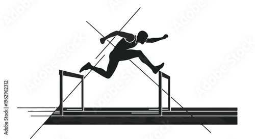 Athlete silhouette powerfully leaps over hurdles during a competitive track and field event, symbolizing challenge and achievement.