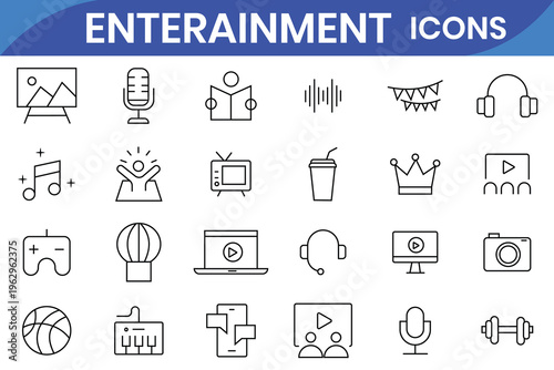 Event and entertainment line icons set. Show icon set. Containing entertainment, stage, spotlight, cinema, ticket, theater, magician, concert, event, circus and more. Vector illustration