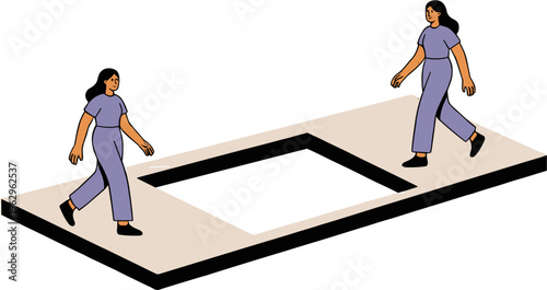 Two women walk on a large letter E in an office setting.