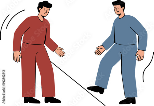 Two men are stepping across a line in a challenging situation.