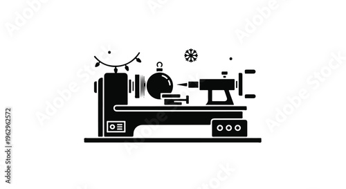 Black silhouette of a wood lathe machine crafting a spherical ornament decorated with holiday lights and a snowflake icon.