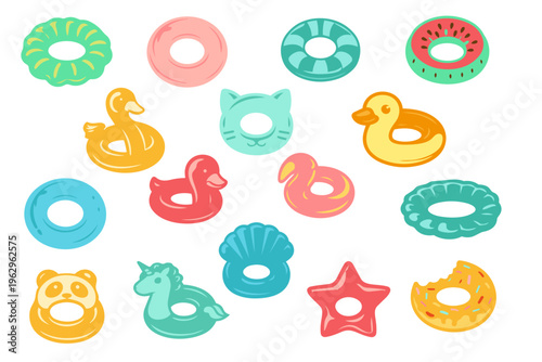 Cartoon rubber pool rings. Swimming tools, inflatable ring different design. Donut, duck unicorn frog, ring with palm tree. Swim accessories neoteric vector set