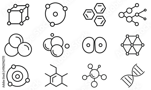 Molecule icon set. Molecule or formula icon set. The chemical structure. Laboratory scientific research. Chemistry science, molecular structure, chemical laboratory DNA cell protein.
