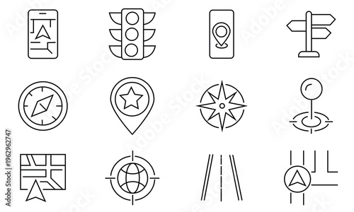 Navigation icon set. location pin symbols, world map markers, mobile GPS elements, travel direction signs, flat vector illustration.