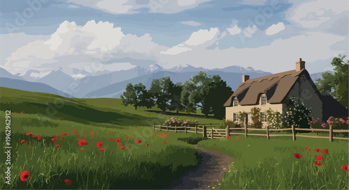 A rural scene showing a cottage with a thatched roof and poppy field