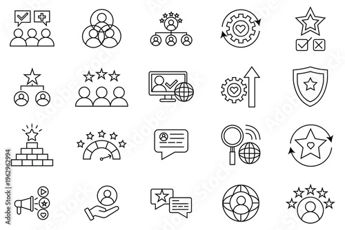 Person reputation line icons . Containing review, rating, feedback,  support, service, quality, opinion, comment, satisfaction, evaluation, choice, positive, life events. Vector illustration. 
