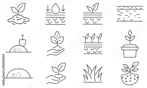 Soil ground vector icon set. It included dirt, land, soil, ground, clay, and more icons. Vector illustration
