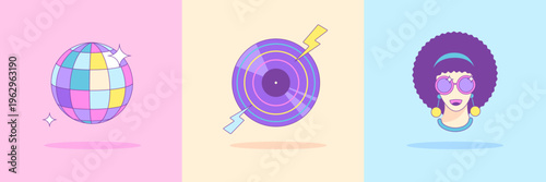 Set of 80s-90s retro disco elements or attributes isolated on colorful background. Disco ball, record, afro hairstyle icons. Vector illustration