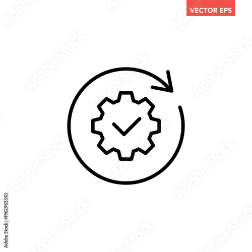 Black single round gear update confiremed line icon, simple cogwheel process flat design vector pictogram, infographic interface elements for app logo web button ui isolated on white background
