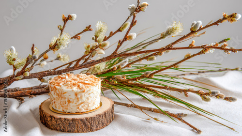 Deliciously crafted dessert atop a natural wooden slice adorned with willow branches and sprigs, capturing the essence of spring's renewal