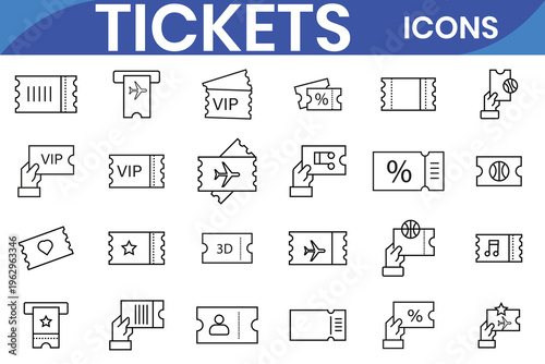 Tickets outline icon set. Cinema, concert, flight, transport, event, sports line icons. simple ticket entry pass icon. vector illustration.