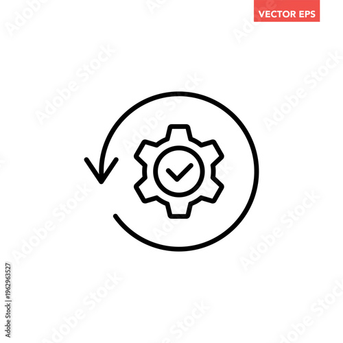 Black single round gear update confiremed line icon, simple cogwheel process flat design vector pictogram, infographic interface elements for app logo web button ui isolated on white background