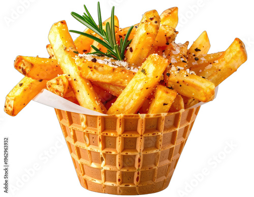 Crispy golden fries seasoned with herbs and salt, served in a waffle cone