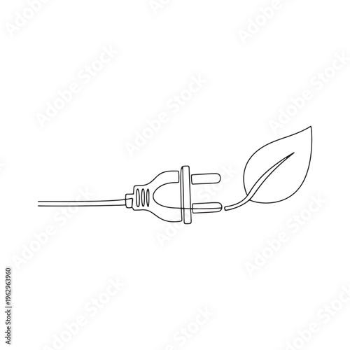 Eco-friendly electric plug with green leaf, renewable energy, and sustainable power source vector concept