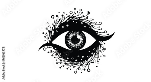 A stylized human eye, rendered in black and white, is encapsulated by a dynamic swirling pattern of interconnected dots and lines, suggesting digital consciousness or organic technology.
