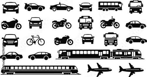 Collection of various vehicle icons including cars buses motorcycles bicycles airplanes and trucks