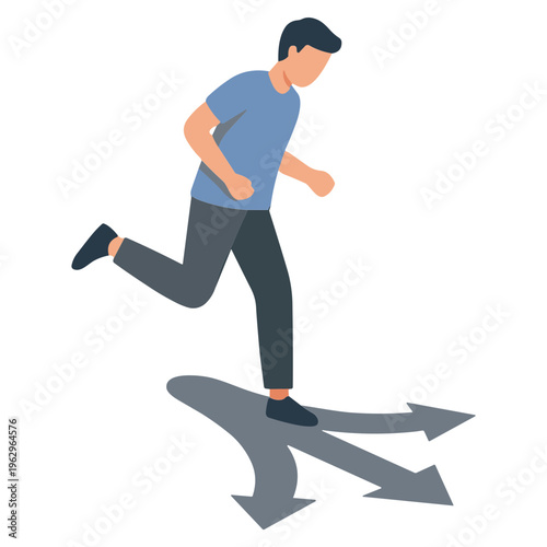 A man runs quickly between two arrows on the ground indoors.