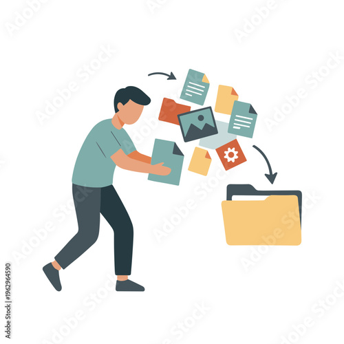 Man organizing documents and files in a folder at office