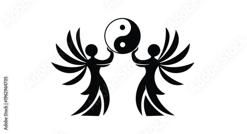 Two stylized winged figures hold a large yin and yang symbol above their heads representing balance and duality.