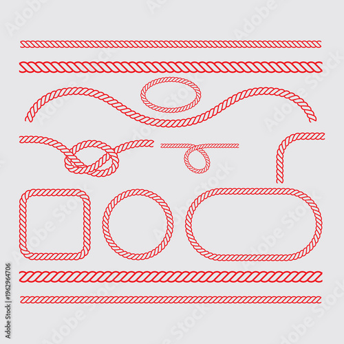 Red Rope Borders, Frames and Knots: Nautical Rope Design Elements for Decorative Marine and Graphic Use