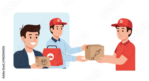 Vector illustration of happy customer receiving multiple packaged food deliveries from delivery personnel
