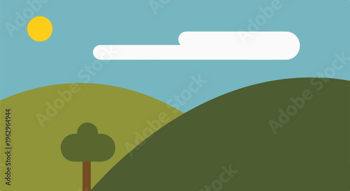 A simplistic illustration of a landscape with a blue sky, sun, and hills