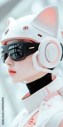 Photogenic gamer girl wearing futuristic cat ears headset or nekomimi and glasses