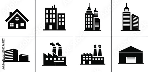 A collection of eight black and white cityscape icons featuring various buildings and structures