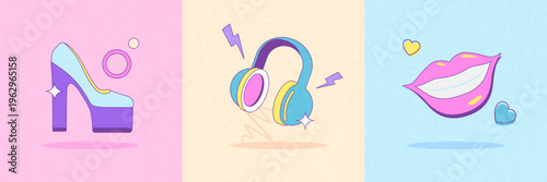 Set of 80s-90s retro disco elements or attributes isolated on colorful background. High heels hoes, headphones, smiling lips icons. Vector illustration