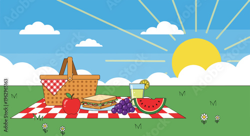 A sunny day picnic scene with a checkered blanket and food