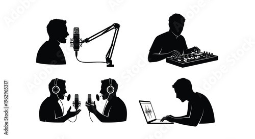 Modern vector graphic illustration showcasing diverse individuals engaged in podcasting, audio recording, and digital sound production.