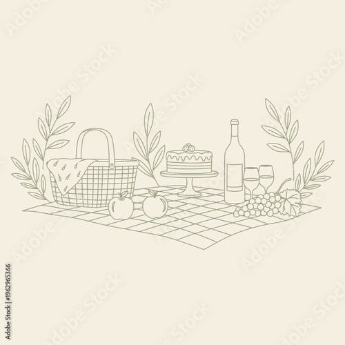 Illustration of a delightful picnic spread with cake, wine, and fruits