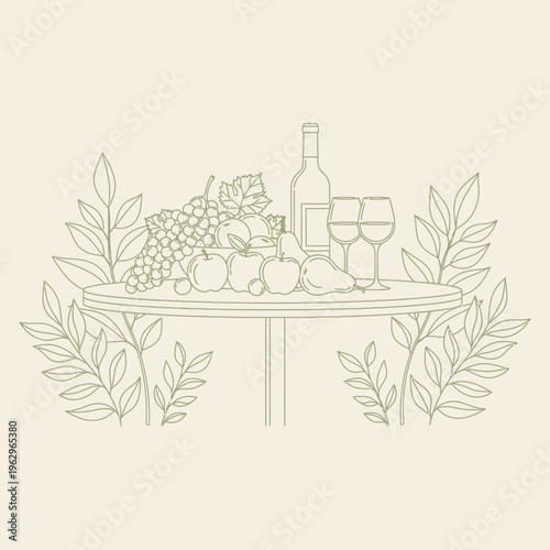 still life illustration of wine, fruit, and glasses on a table