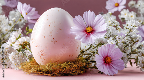 Delicate pink egg resting on a soft nest surrounded by vibrant flowers on a gentle pastel background