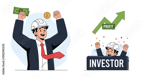 Vector illustration depicting construction professionals celebrating financial success and rising investment profits clearly