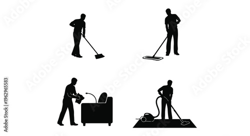Vector illustration graphic depicting a man engaged in various cleaning activities and household chores