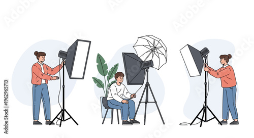 Vector illustration depicting a photography studio setup with a model and technicians adjusting lights