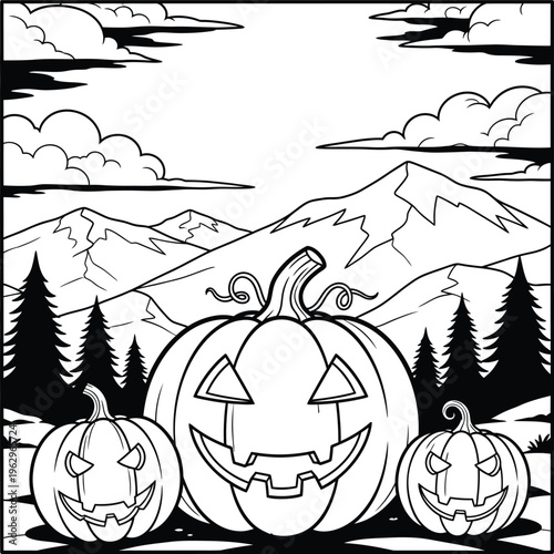 Halloween pumpkins in a mountain landscape
