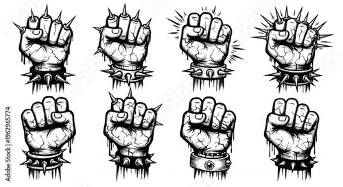 Urban Graffiti Fists with Spikes and Bracelets Vector Illustration Sheet in Black Ink Grunge Punk Street Art Style