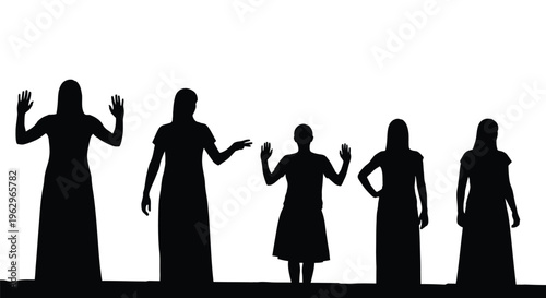 Five diverse female silhouettes showing various gestures including raised hands and conversational poses