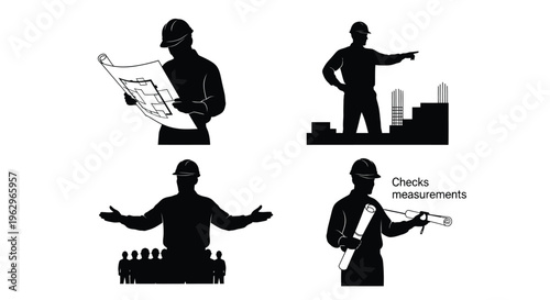 Collection of construction worker silhouettes demonstrating various tasks like reviewing plans and supervising building sites