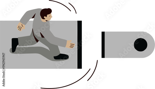 Businessman runs quickly towards large USB drive with technology